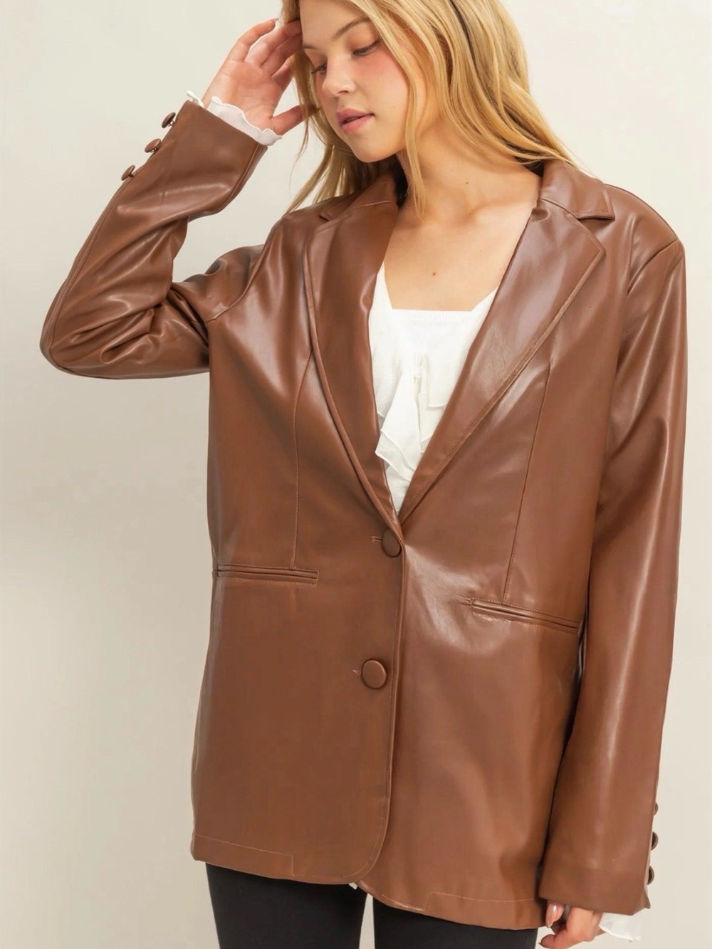HYFVE Brown Faux Leather Oversized Blazer Jacket Size L